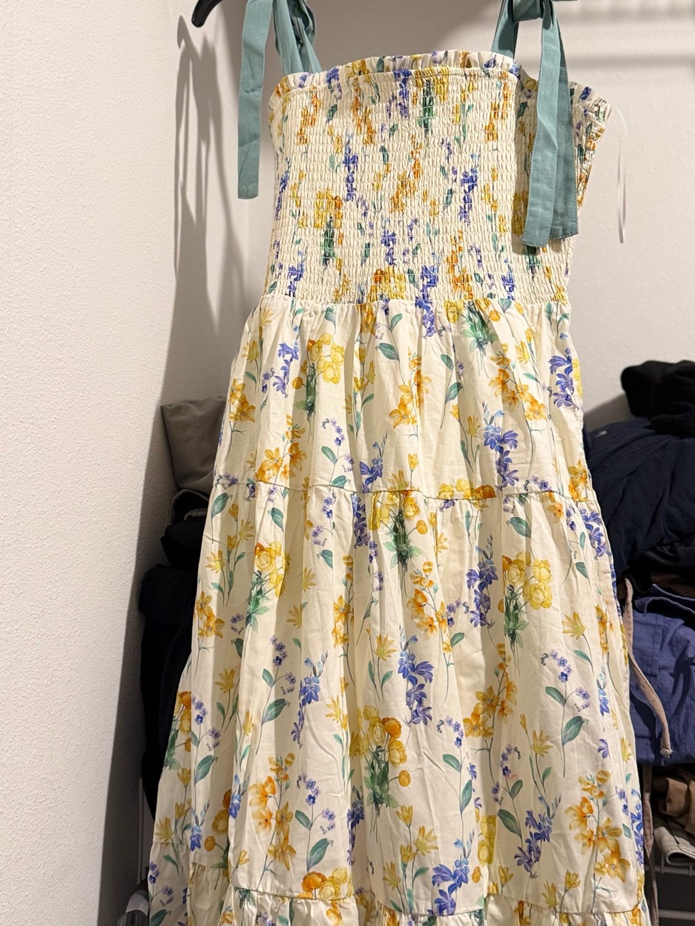 Smocked Floral Midi Dress with Tie Straps - Yellow & Blue